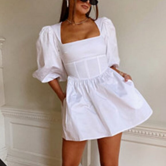 NWT DANIELLE BERNSTEIN White Puff Sleeve Corset Squareneck Dress Mini Graduation - Picture 2 of 4